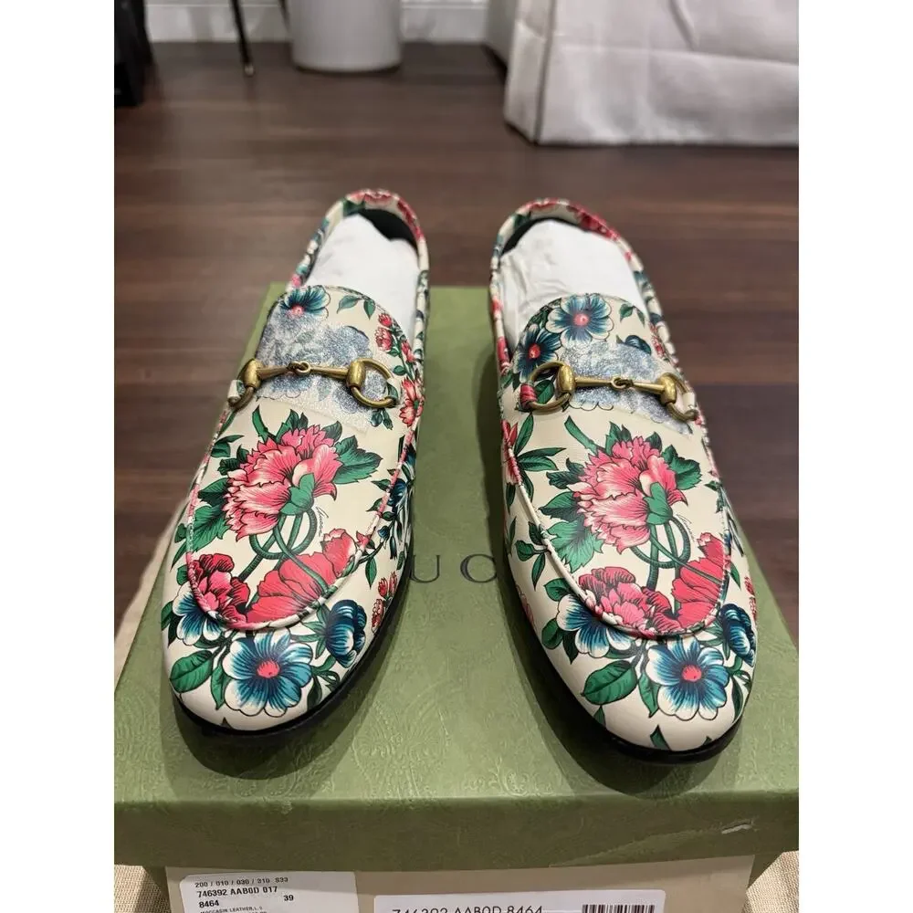 Gucci NWT Moccasin Leather Wexford Brit Roses Multicolor MSRP$1050 Size 39